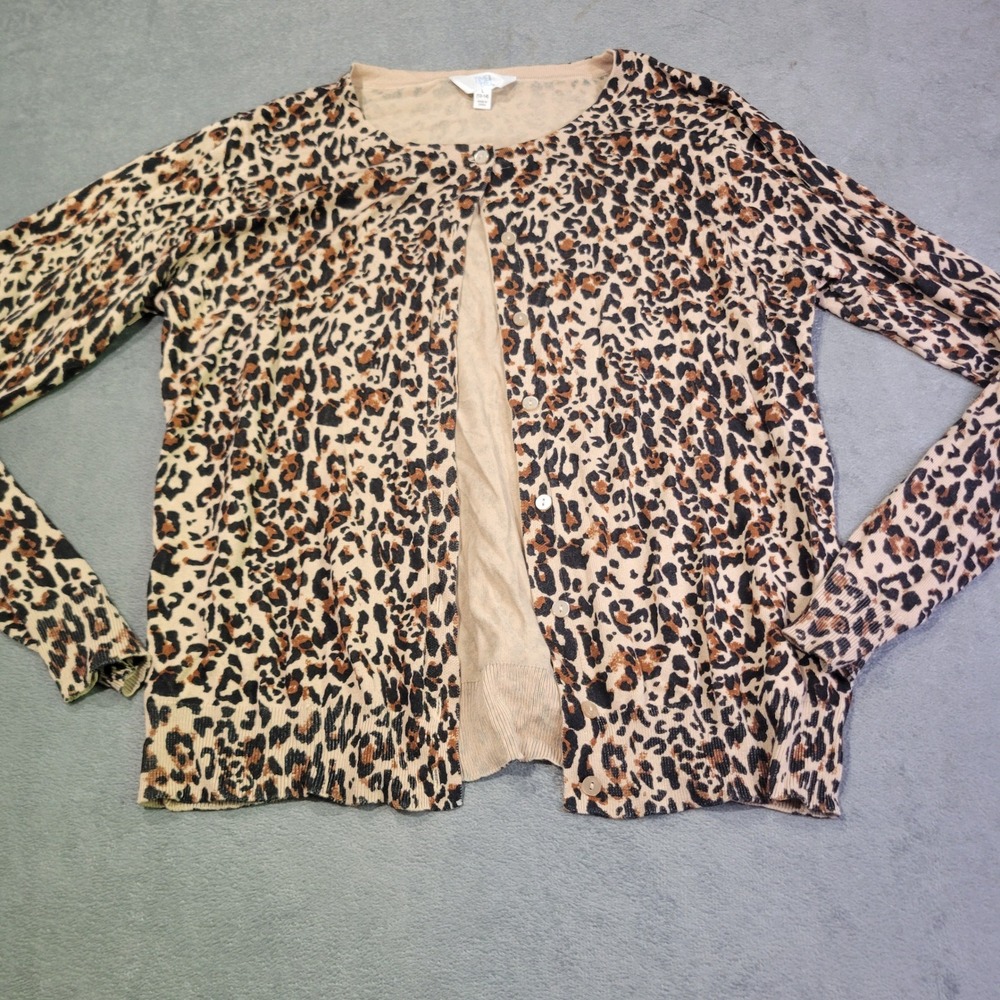 Time and Tru Cardigan Women L 12 Tan Leopard Print Button Front Lightweight Knit